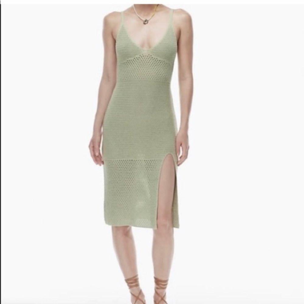 NWT Aritzia Wilfred Evie Crochet Knit Midi Dress Dark Moss Green Size XS